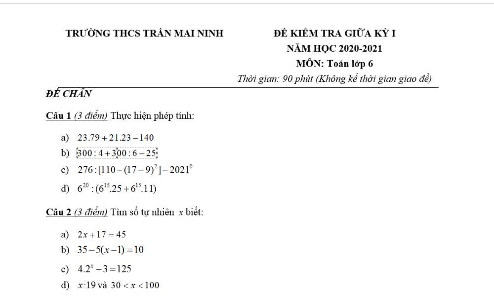 Toán 6: Đề kiểm tra giữa học kì 1. Trường THCS Trần Mai Ninh năm học 2020-2021. Đề chẵn